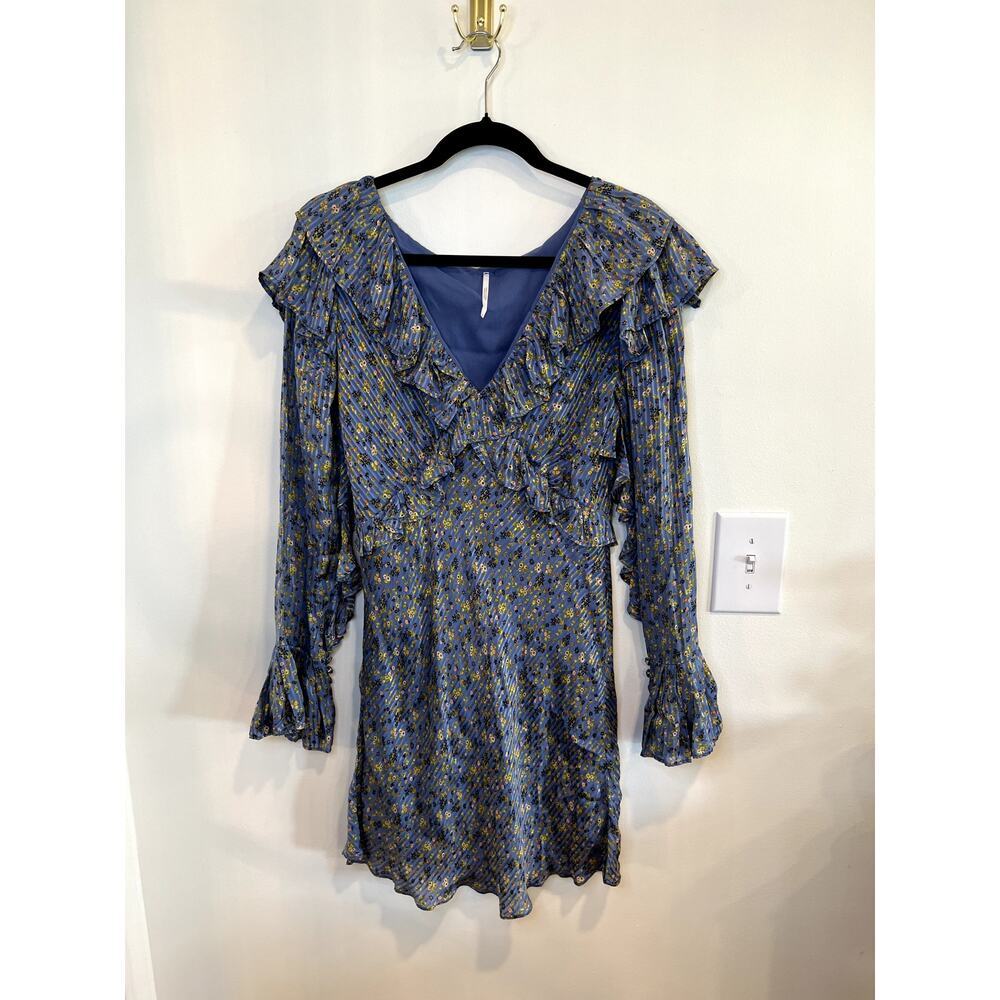 Free People Blue Floral Ruffle Mini Dress Boho Cottagecore Long Sleeve 6